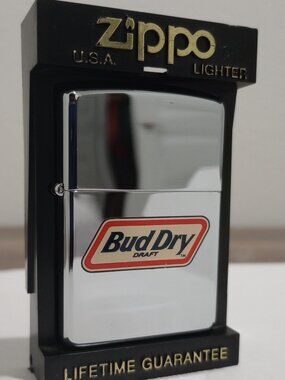 VINTAGE 90s ZIPPO BUD DRY CHROME METALLIC LIGHTER UNFIRED (NOS)